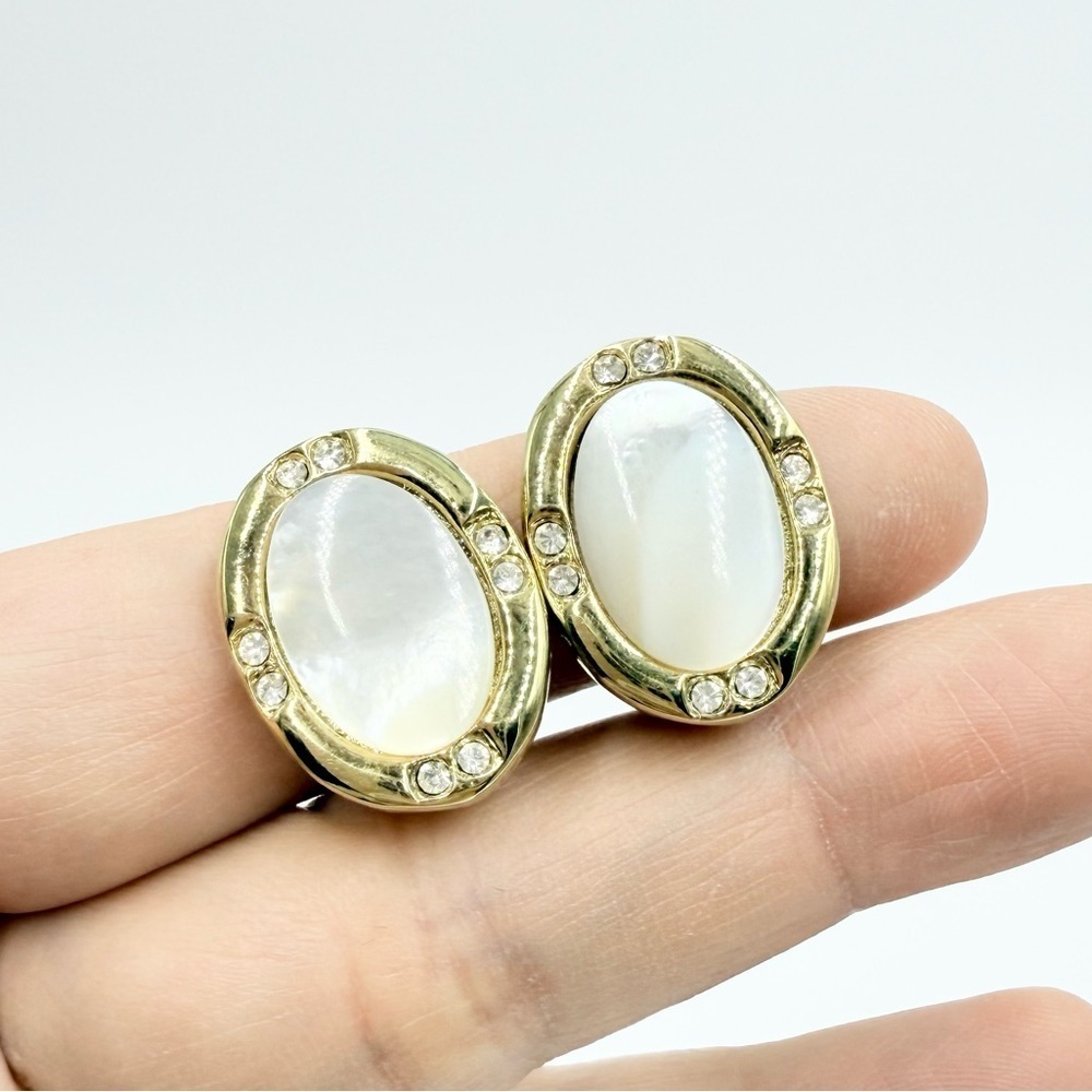 Vintage Louis Rousselet Gold Tone Mother Of Pearl - Rhinestones Clip-On Earrings